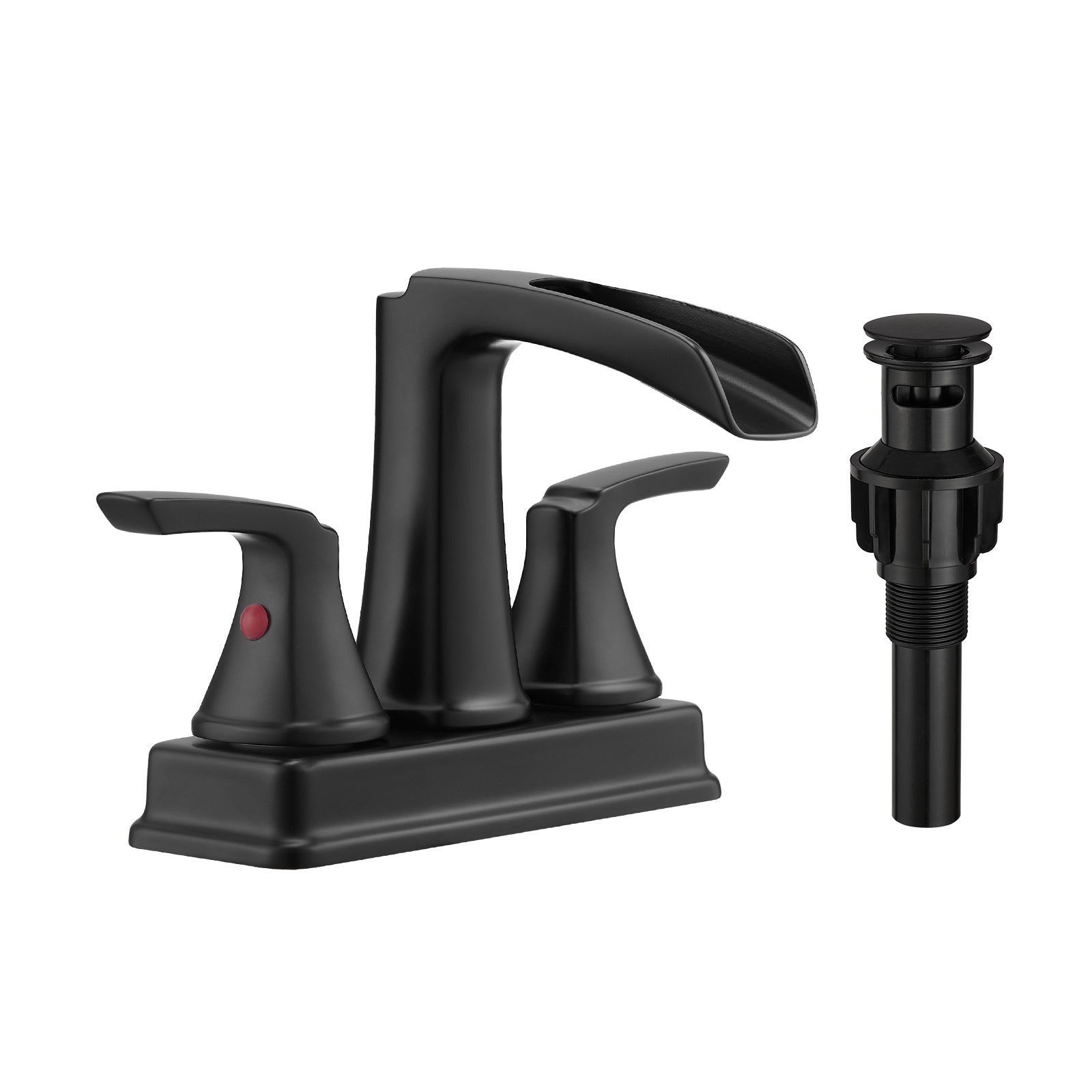 Matte Black Bathroom Faucet - 4 Inch Centerset Waterfall Faucet With 2 Handles, 360 Degree Swivel Spout, 3 Hole Sink, Pop Up Drain