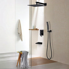Black Shower System with Tub Spout, All Metal Tub Shower Faucet Set with 12" Rain Shower Head and Handheld Spray combo, Wall Mounted Tub Shower Systems with Valve and Trim Kit, Matte Black