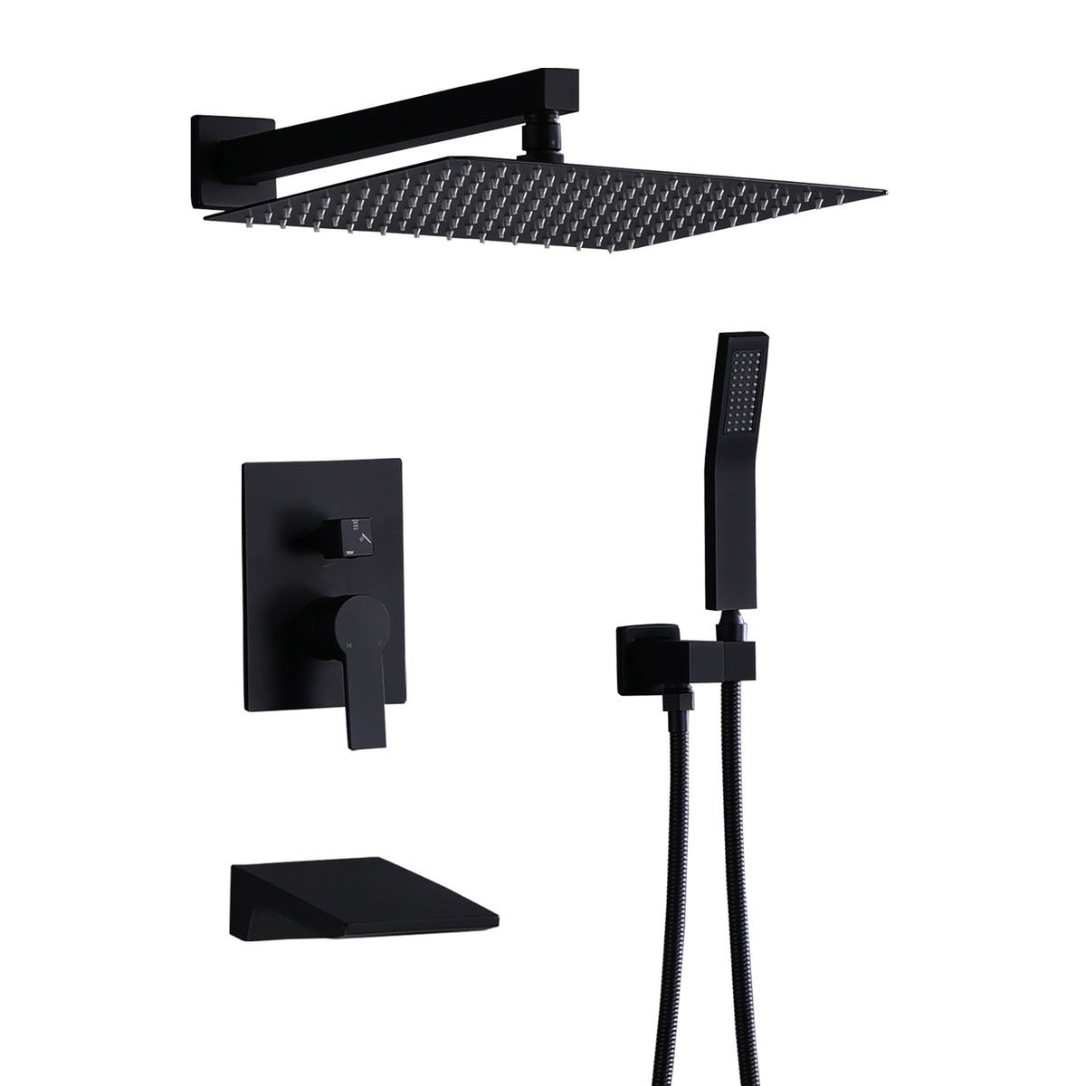 Black Shower System with Tub Spout, All Metal Tub Shower Faucet Set with 12" Rain Shower Head and Handheld Spray combo, Wall Mounted Tub Shower Systems with Valve and Trim Kit, Matte Black