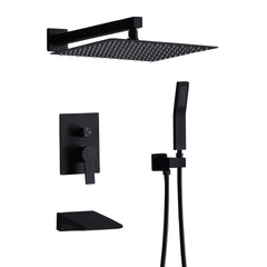 Black Shower System with Tub Spout, All Metal Tub Shower Faucet Set with 12" Rain Shower Head and Handheld Spray combo, Wall Mounted Tub Shower Systems with Valve and Trim Kit, Matte Black