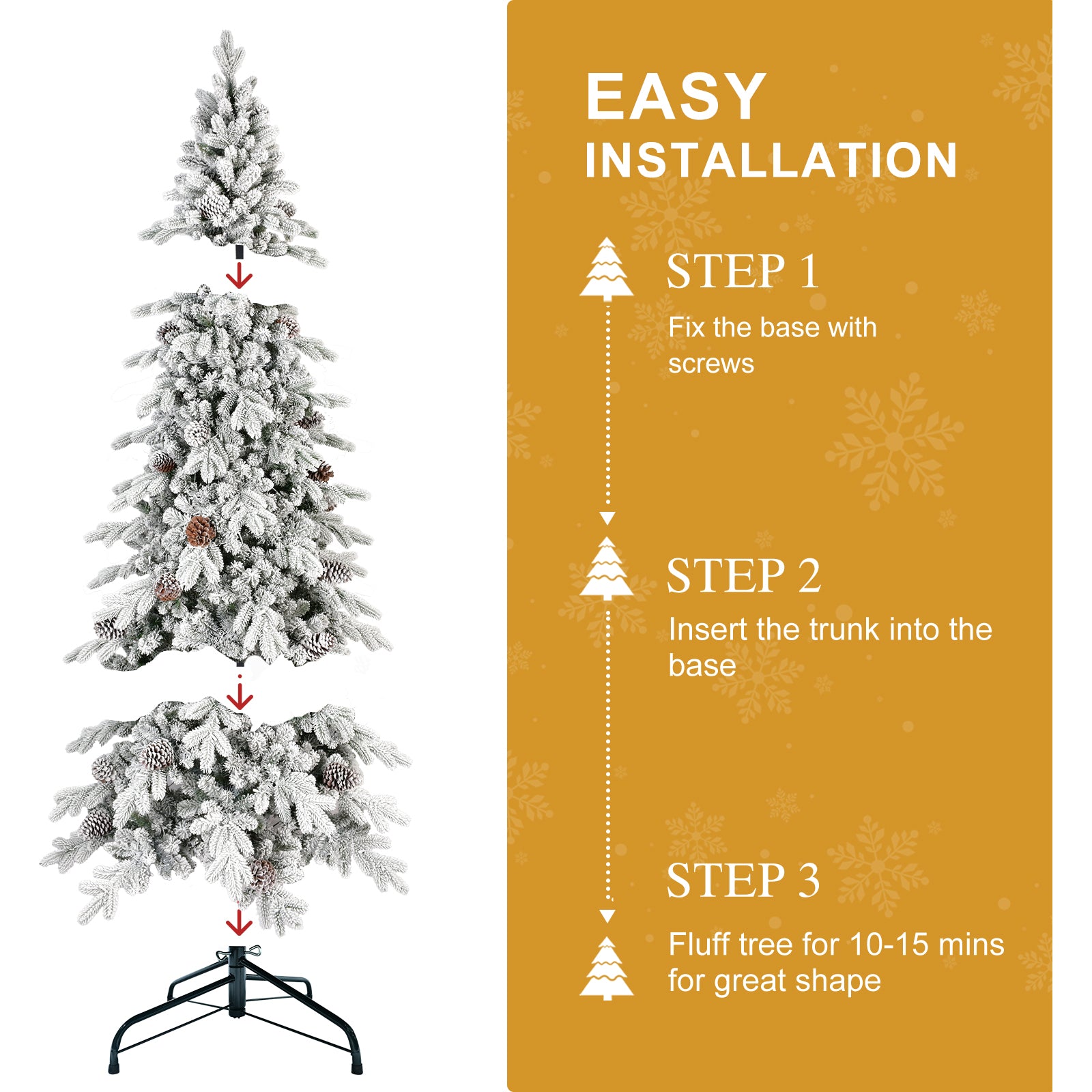 9 FT Flocked PE/PVC Christmas Tree with 52 Natural Pine Cones – 2138Tips, Space-Saving Design, Hinged Branches, Stable Metal Stand, Realistic Snowy Look