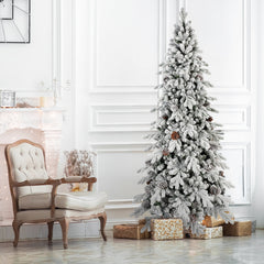 9 FT Flocked PE/PVC Christmas Tree with 52 Natural Pine Cones – 2138Tips, Space-Saving Design, Hinged Branches, Stable Metal Stand, Realistic Snowy Look