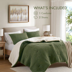 2 Pieces Twin Waffle Knit Chenille Comforter Set,Olive