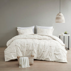 3 Piece Elastic Embroidered Cotton Comforter Set White King/Cal King