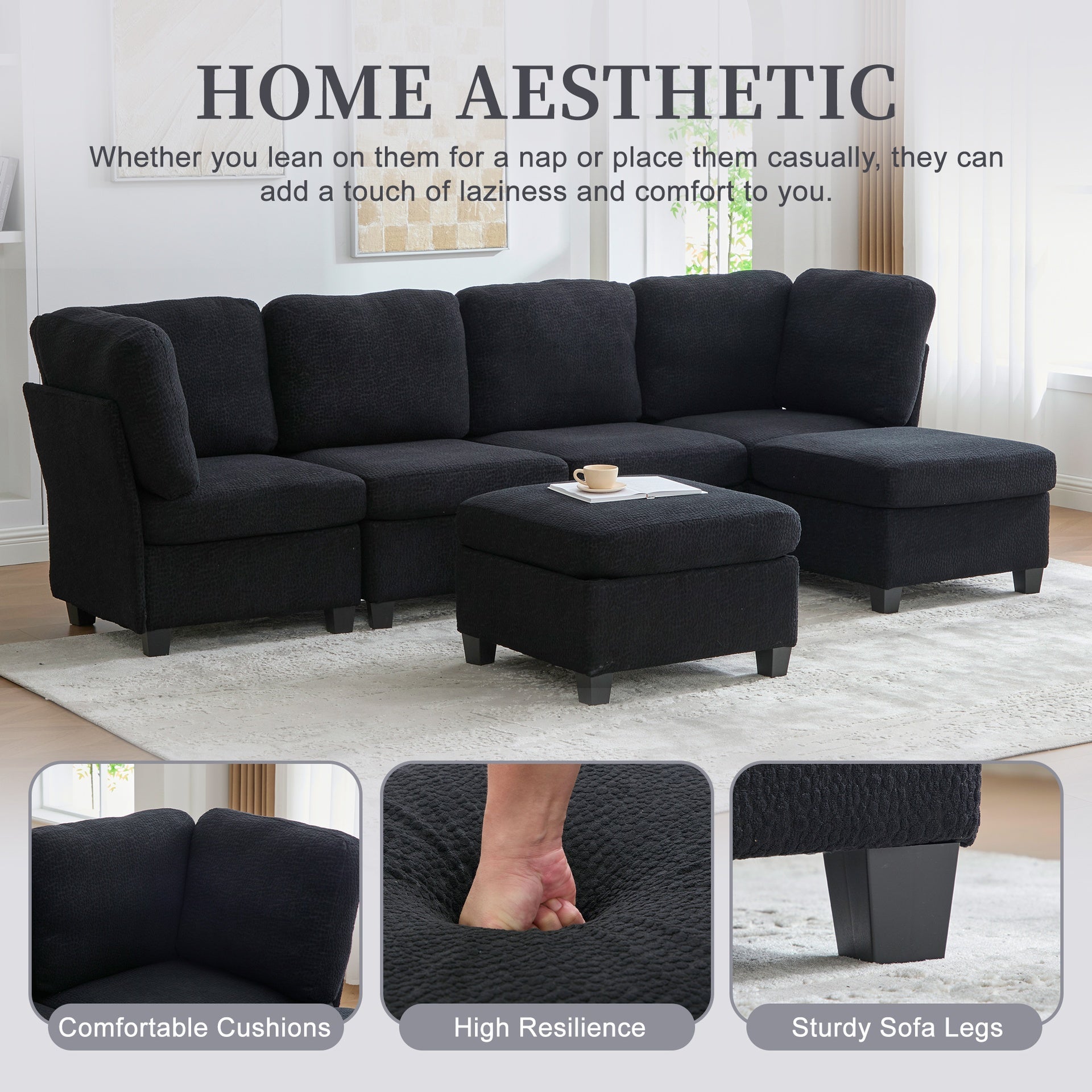 UNITED WE WIN Modular Sectional Sofa: Freely Combinable 6-Seat Convertible Sectionals with Chaise, U Shaped Oversized Sectional Couches with Storage Ottoman for Home Apartment Office