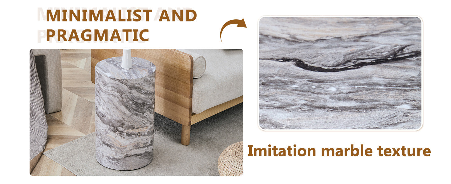 Simple grey marble textured cylindrical coffee table, 12-inch diameter x 19.7 inch height, MDF material living room furniture. Suitable for industrial style living rooms.