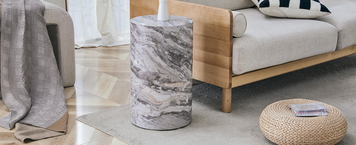 Simple grey marble textured cylindrical coffee table, 12-inch diameter x 19.7 inch height, MDF material living room furniture. Suitable for industrial style living rooms.