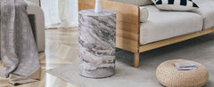 Simple grey marble textured cylindrical coffee table, 12-inch diameter x 19.7 inch height, MDF material living room furniture. Suitable for industrial style living rooms.