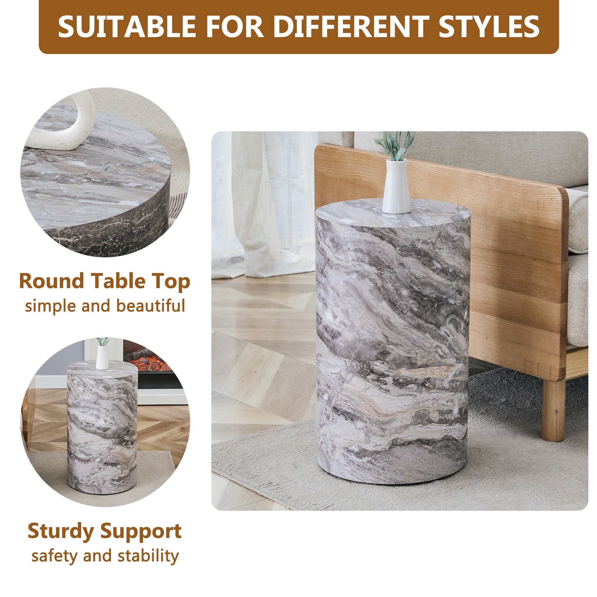 Simple grey marble textured cylindrical coffee table, 12-inch diameter x 19.7 inch height, MDF material living room furniture. Suitable for industrial style living rooms.