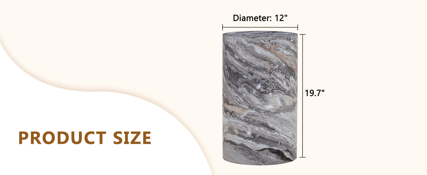 Simple grey marble textured cylindrical coffee table, 12-inch diameter x 19.7 inch height, MDF material living room furniture. Suitable for industrial style living rooms.
