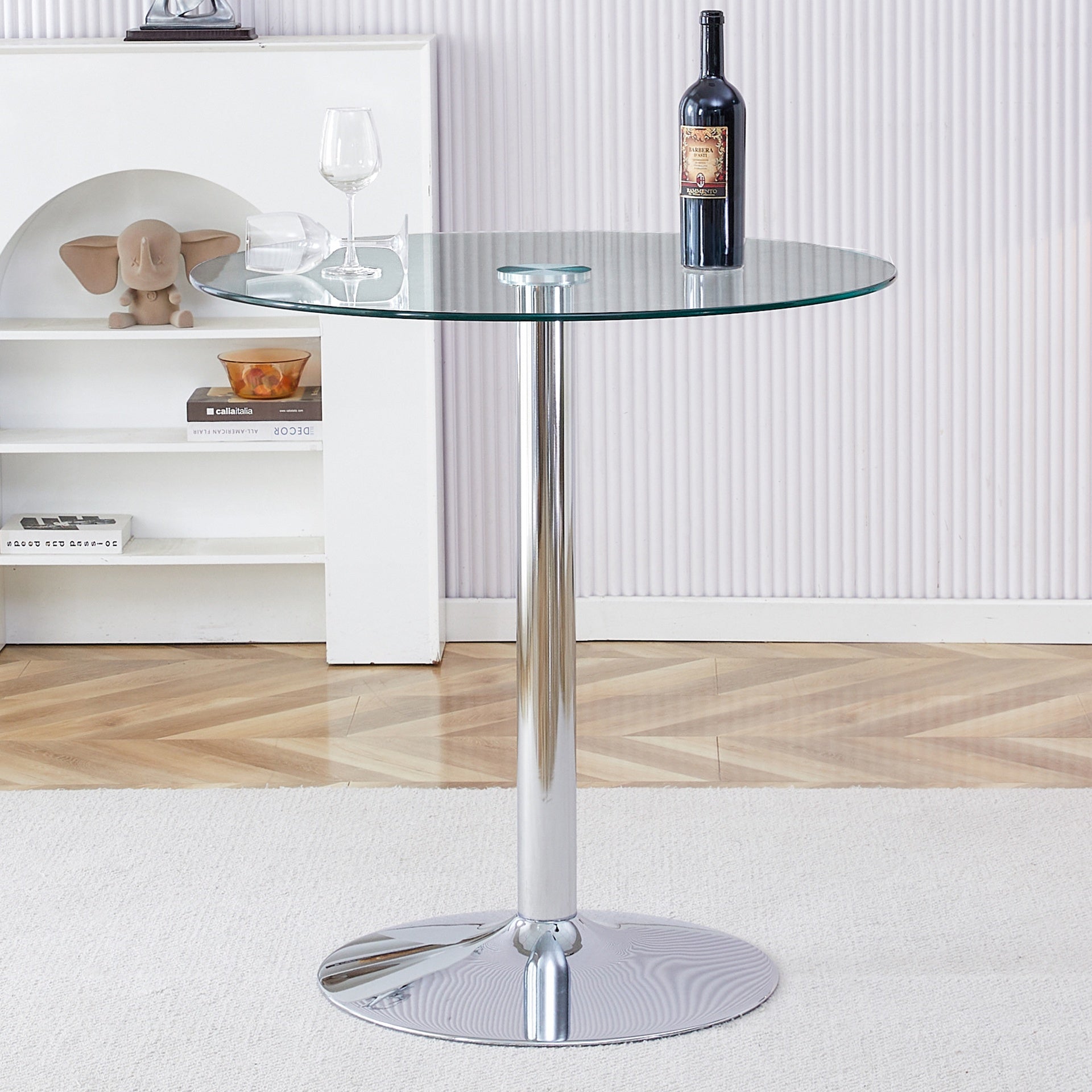 A glass tabletop with a diameter of 35 inches and a modern minimalist circular dining table with electroplated silver metal legs. Suitable for restaurants, living rooms, and conference rooms.BT-1166