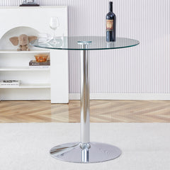 A glass tabletop with a diameter of 35 inches and a modern minimalist circular dining table with electroplated silver metal legs. Suitable for restaurants, living rooms, and conference rooms.BT-1166