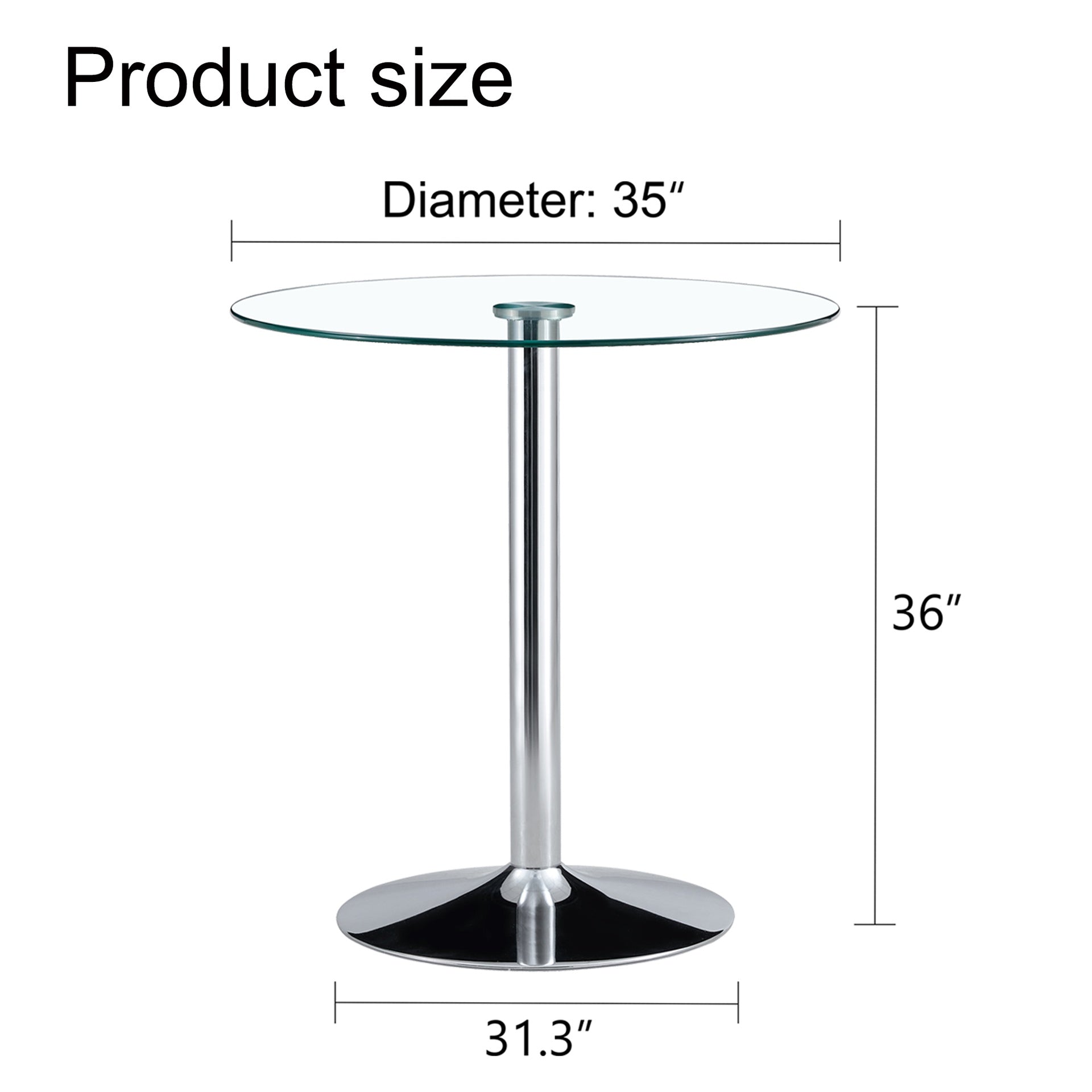 A glass tabletop with a diameter of 35 inches and a modern minimalist circular dining table with electroplated silver metal legs. Suitable for restaurants, living rooms, and conference rooms.BT-1166