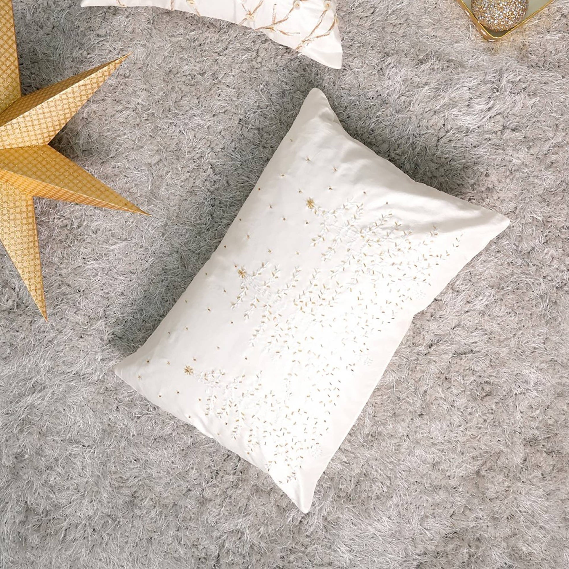 100% Polyester Ivory Lumber Pillow with Embroidery & Bead Work – Soft & Stylish Accent-24X16"