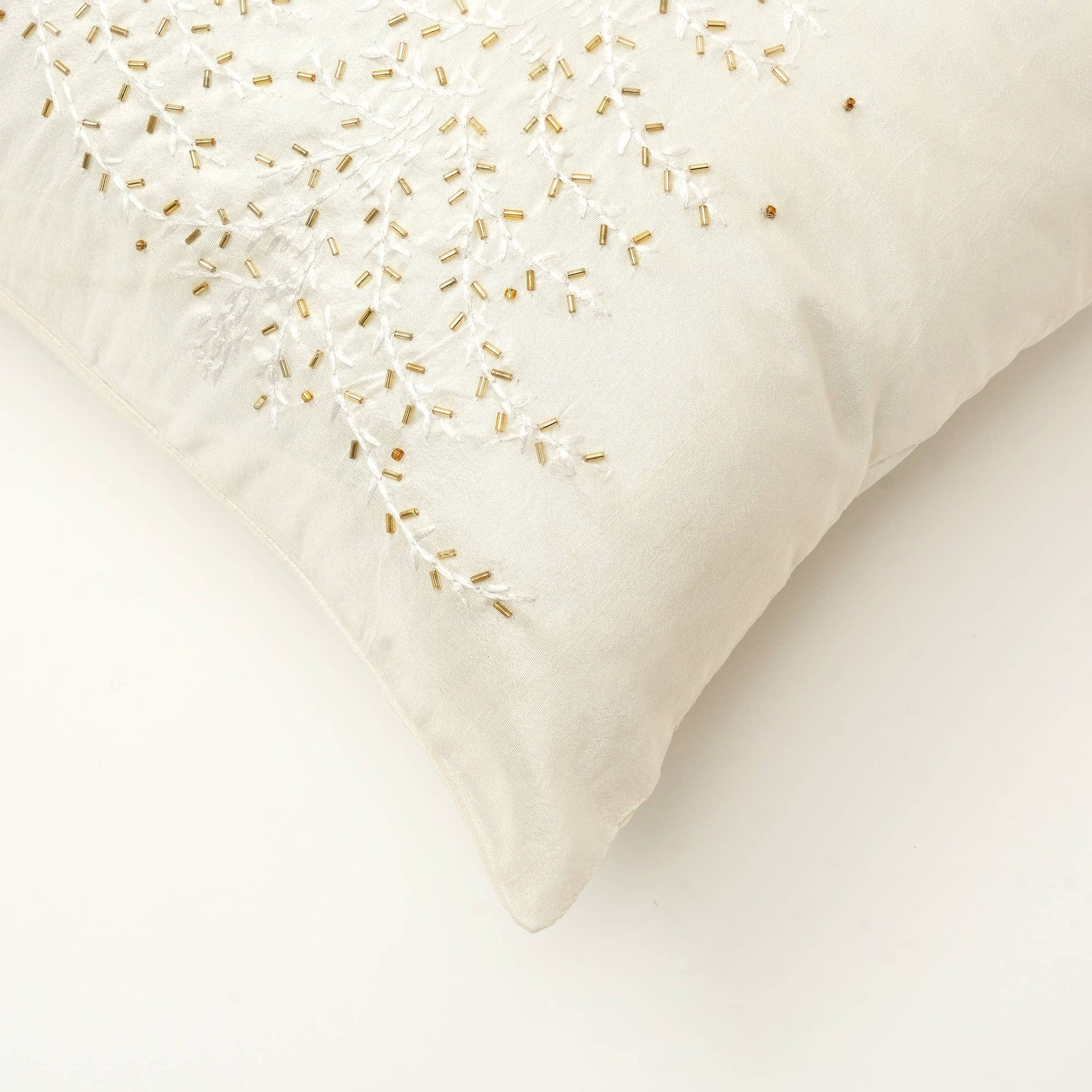 100% Polyester Ivory Lumber Pillow with Embroidery & Bead Work – Soft & Stylish Accent-24X16"