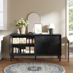 60" Premium Rustic American Farmhouse Credenza in Elegant Black - Symmetrical Sunburst Door Design, Heavy-Duty TV Stand with Adjustable Shelves, Black Wood Storage Cabinet