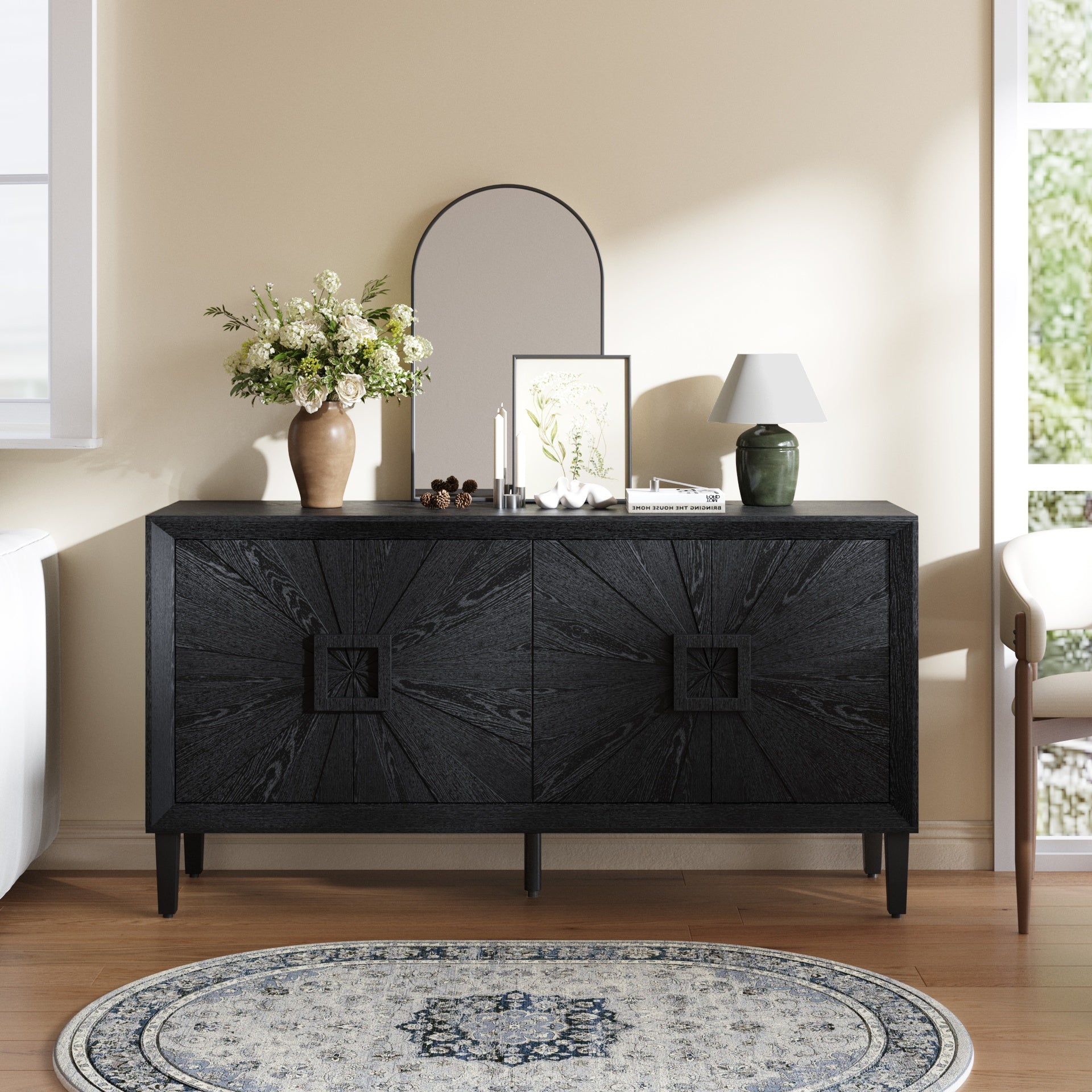 60" Premium Rustic American Farmhouse Credenza in Elegant Black - Symmetrical Sunburst Door Design, Heavy-Duty TV Stand with Adjustable Shelves, Black Wood Storage Cabinet