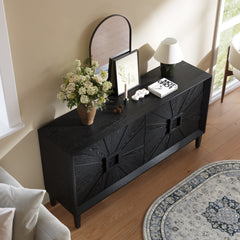 60" Premium Rustic American Farmhouse Credenza in Elegant Black - Symmetrical Sunburst Door Design, Heavy-Duty TV Stand with Adjustable Shelves, Black Wood Storage Cabinet