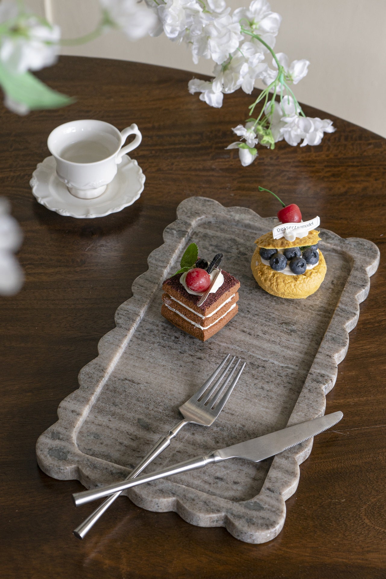 14x8" Scalloped Marble Tray with Natural Gray Finish