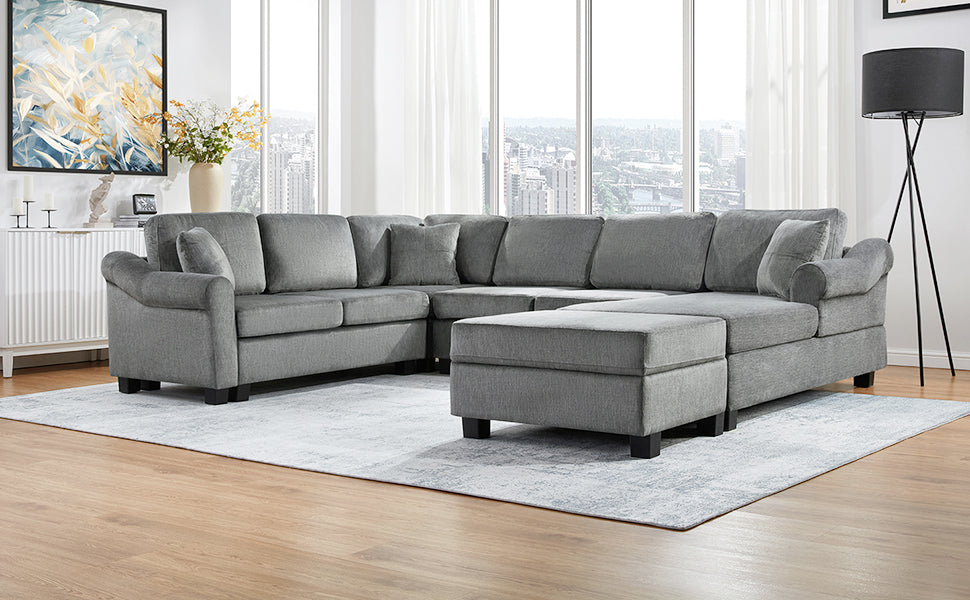 Sectional Sofa 111.8" U-shaped Sofa Chenille Upholstered Sofa Couch with Movable Storage Ottoman for Living Room, Dark Gray