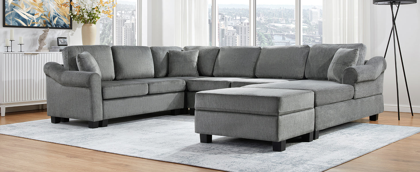 Sectional Sofa 111.8" U-shaped Sofa Chenille Upholstered Sofa Couch with Movable Storage Ottoman for Living Room, Dark Gray
