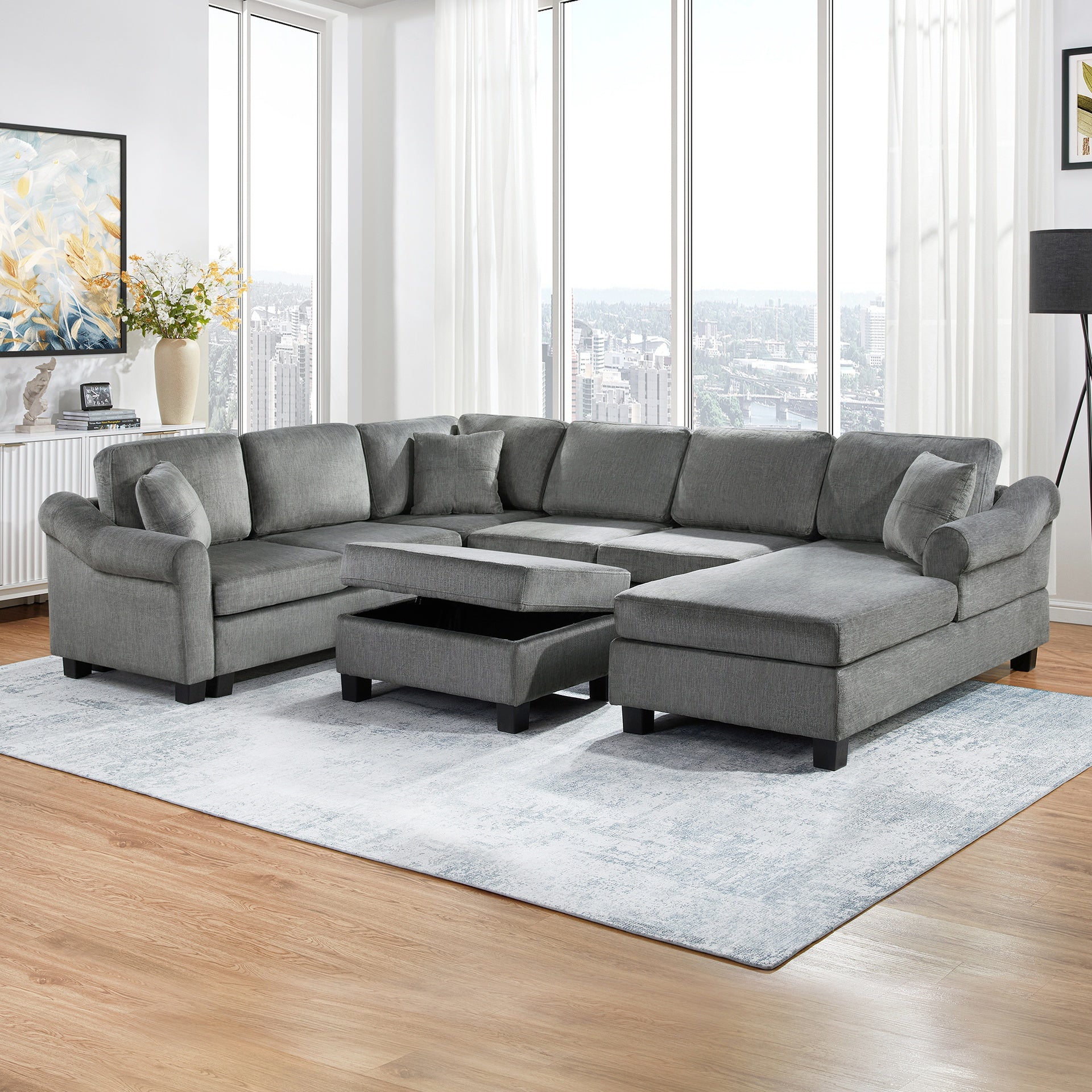 Sectional Sofa 111.8" U-shaped Sofa Chenille Upholstered Sofa Couch with Movable Storage Ottoman for Living Room, Dark Gray