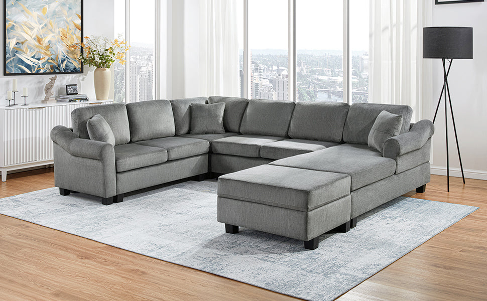 Sectional Sofa 111.8" U-shaped Sofa Chenille Upholstered Sofa Couch with Movable Storage Ottoman for Living Room, Dark Gray