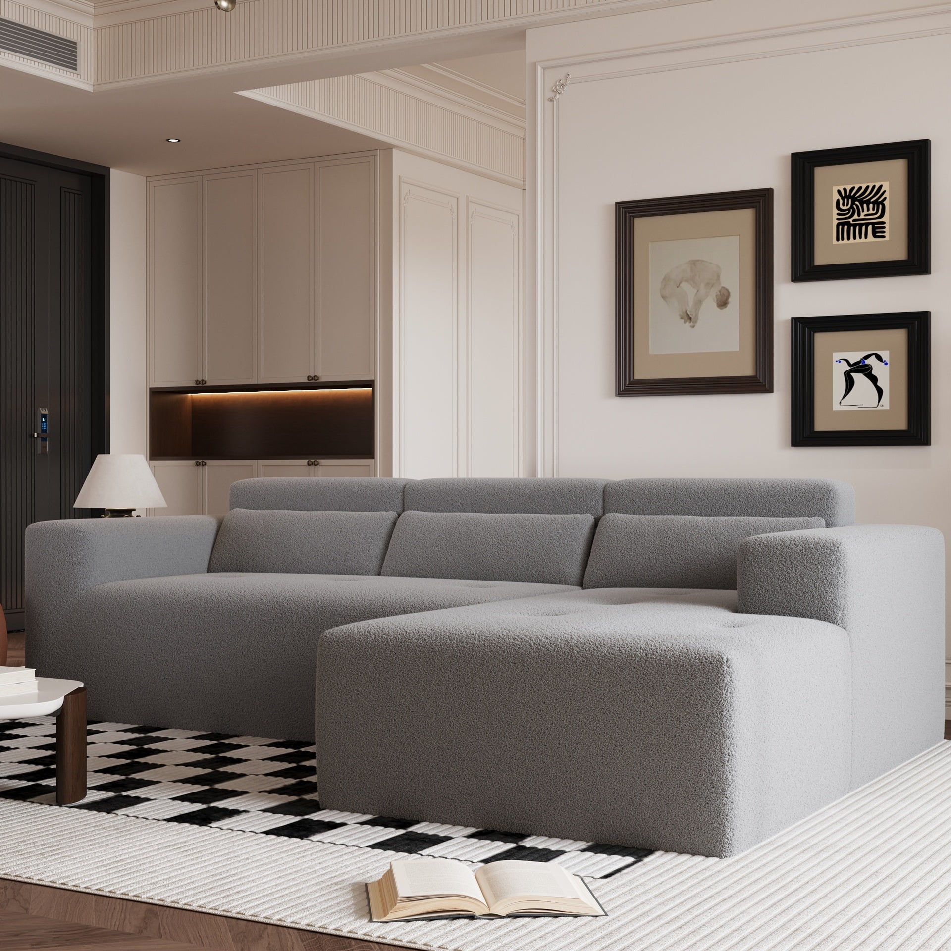 109'' Modern Modular Sectional Sofa, Teddy Fabric L Shaped Couch, 3 Seat Corner Sofa Couch, Modern Upholstered Couch with Chaise & Pillows for Living Room Apartment, No Assembly Required