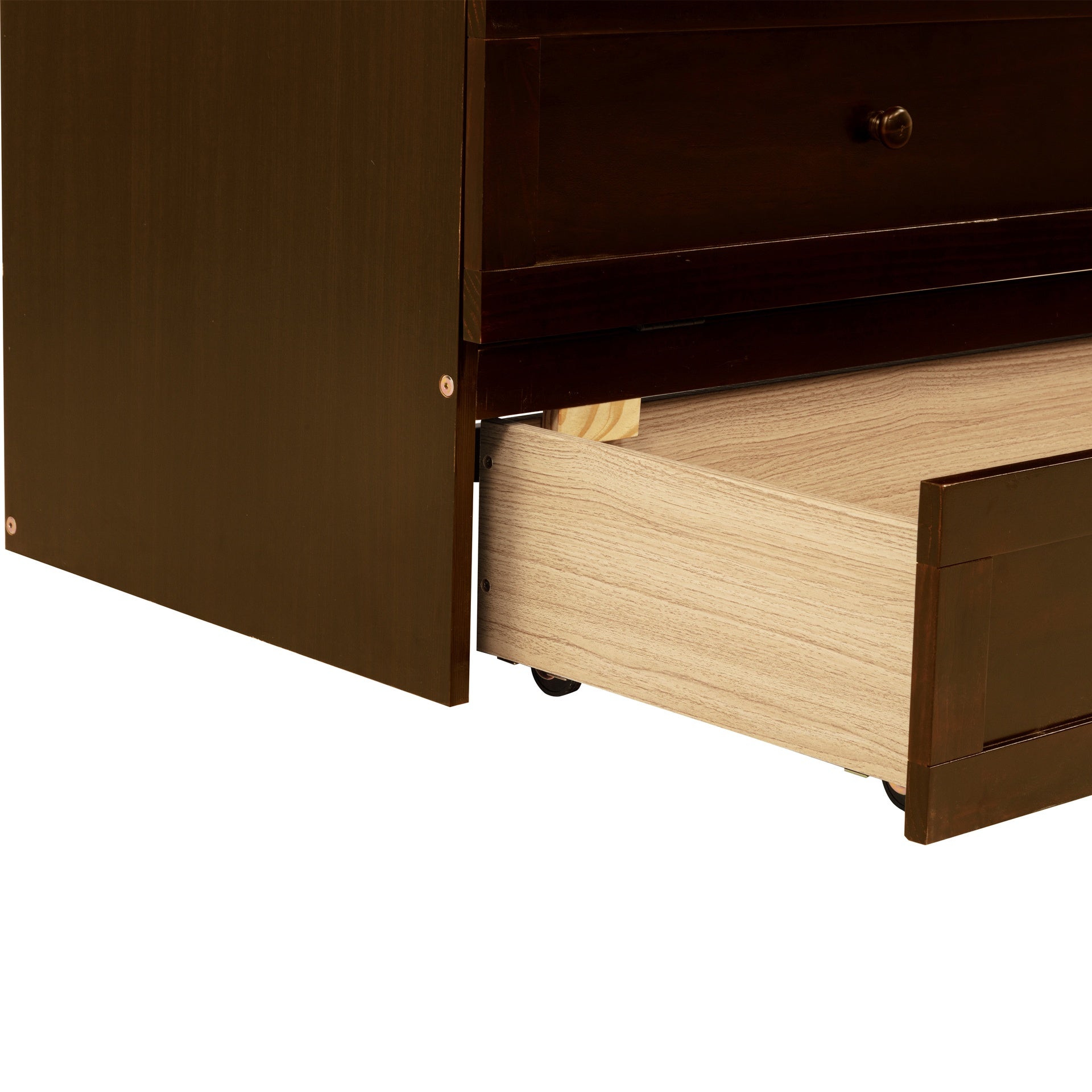 Queen Size Murphy Bed, Pine Wood Cabinet Bed with Rattan Decoration and Storage Drawer,Walnut