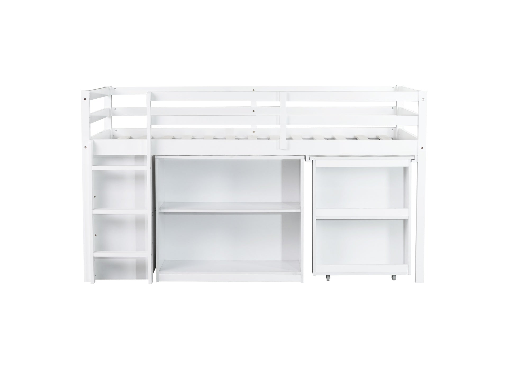 Twin Loft Bed w. stroage case ,drawers,Twin Loft Bed with ,Drawer Cabinet, Shelf Cabinet and Pulling -Out Desk,Rubber Wood Loft Bed with Safety Guardrail ,Ladder,White