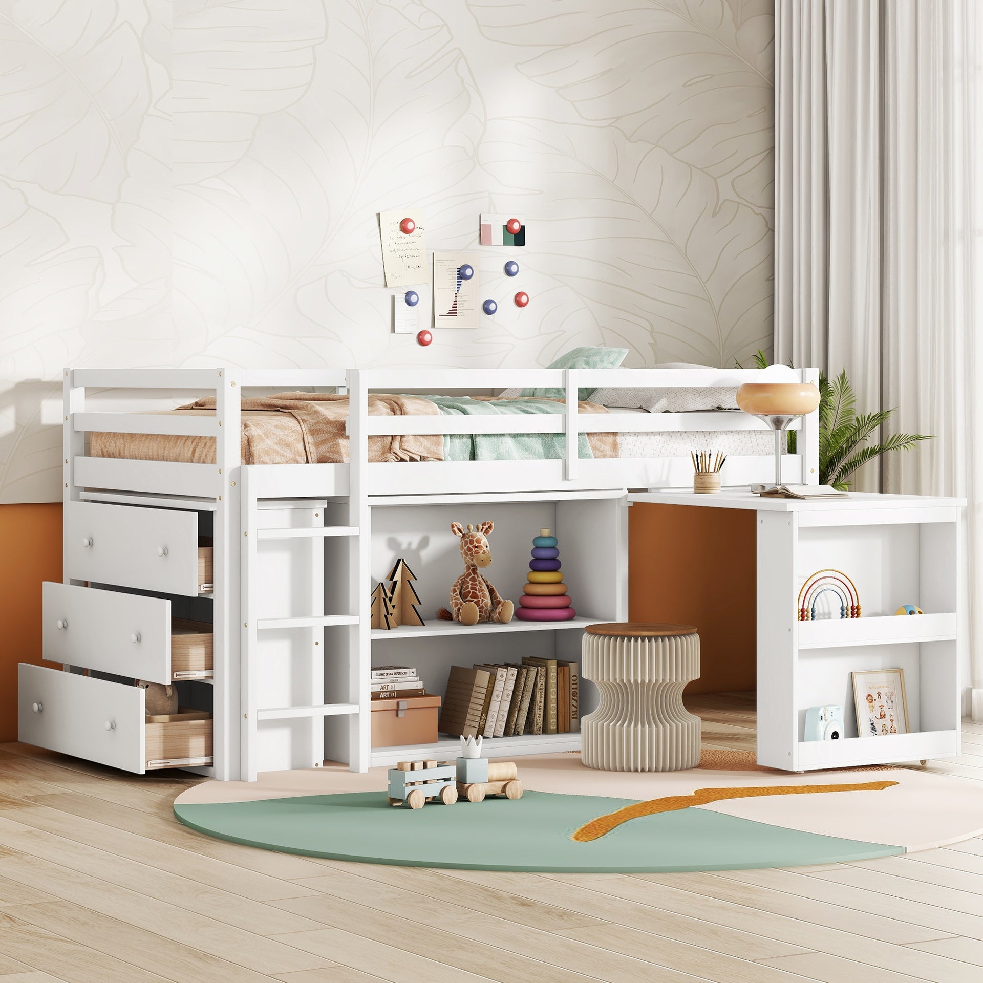 Twin Loft Bed w. stroage case ,drawers,Twin Loft Bed with ,Drawer Cabinet, Shelf Cabinet and Pulling -Out Desk,Rubber Wood Loft Bed with Safety Guardrail ,Ladder,White