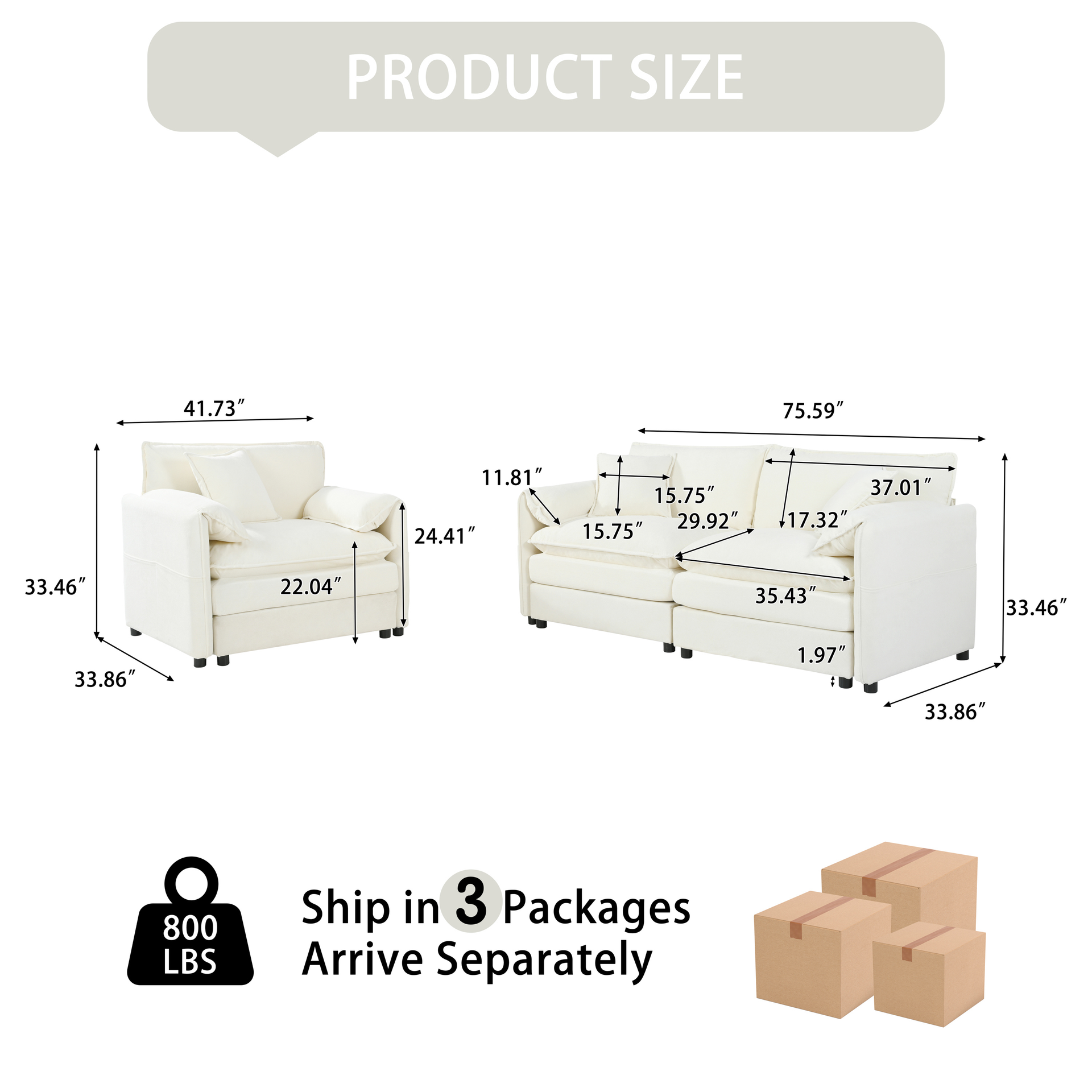 Luxury 2-Piece Chenille Cloud Loveseat Set with 3 Pillows, Deep Seat Modern Couch & Armchair for Living Room, Bedroom, or Office, DIY Combination,Beige