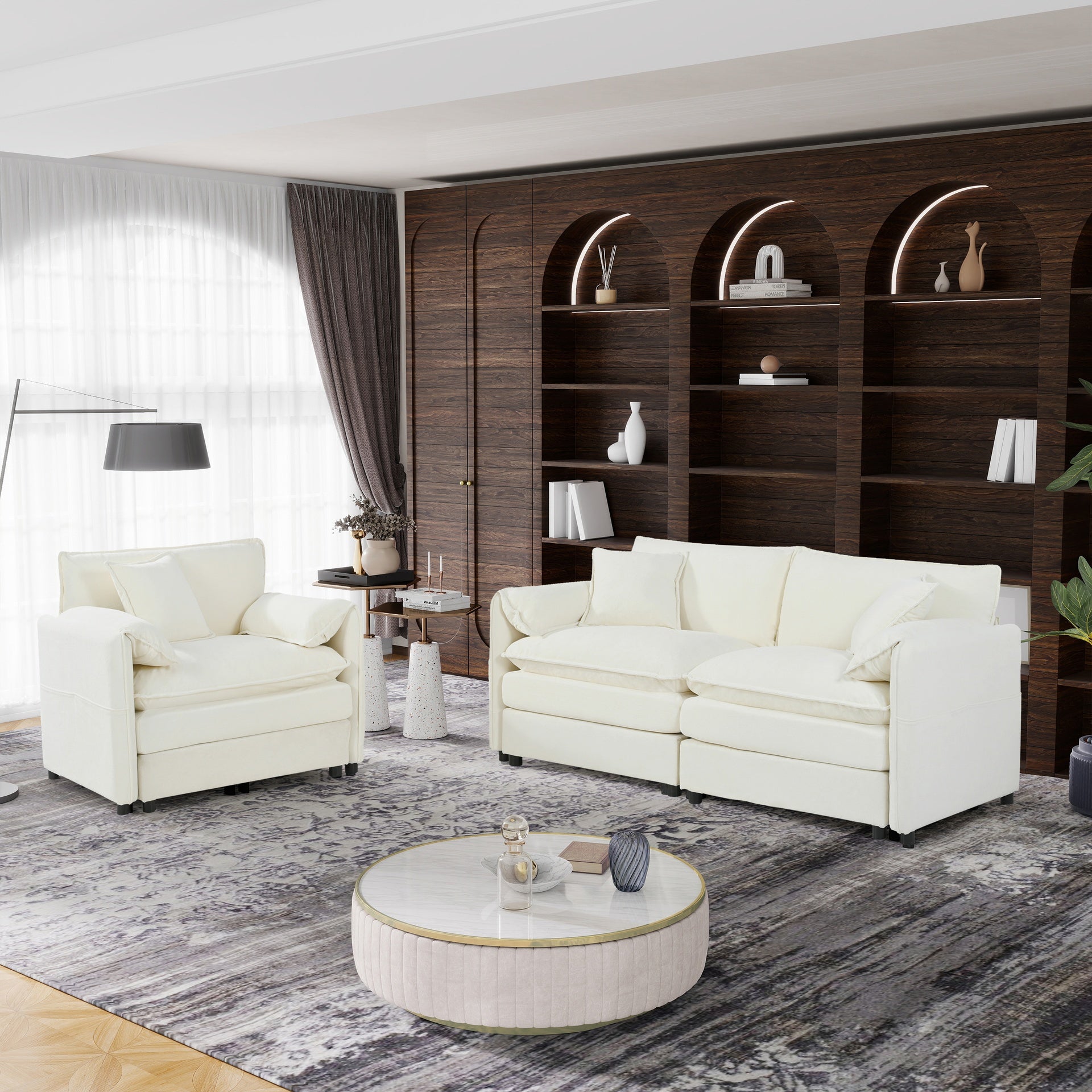 Luxury 2-Piece Chenille Cloud Loveseat Set with 3 Pillows, Deep Seat Modern Couch & Armchair for Living Room, Bedroom, or Office, DIY Combination,Beige