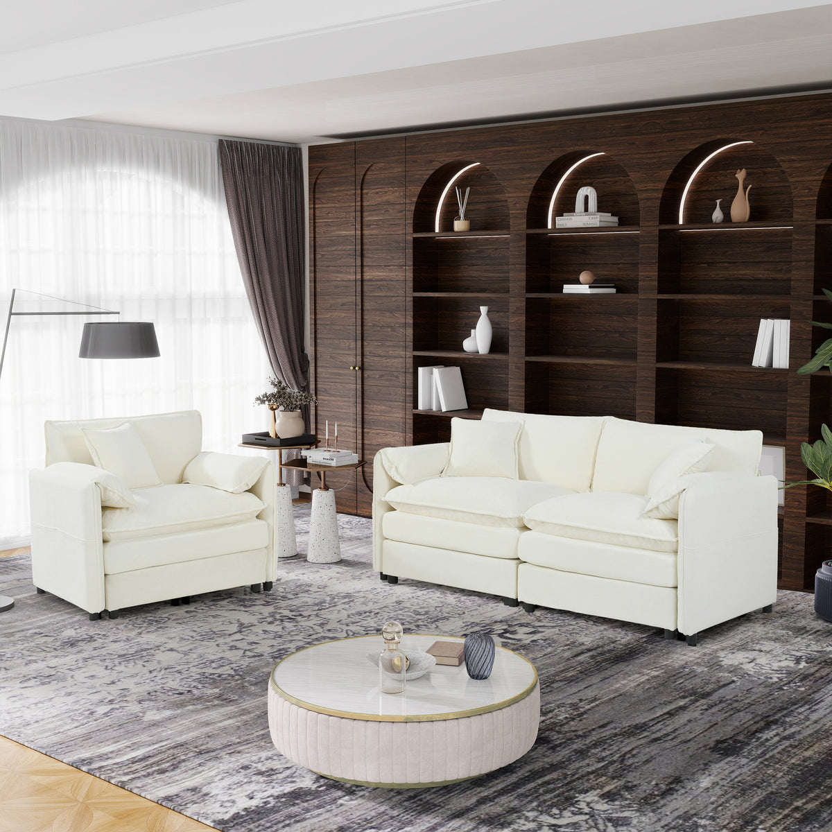 Luxury 2-Piece Chenille Cloud Loveseat Set with 3 Pillows, Deep Seat Modern Couch & Armchair for Living Room, Bedroom, or Office, DIY Combination,Beige
