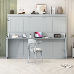Queen Size Murphy Bed with Hydraulic Lift & Desk Design, Gray