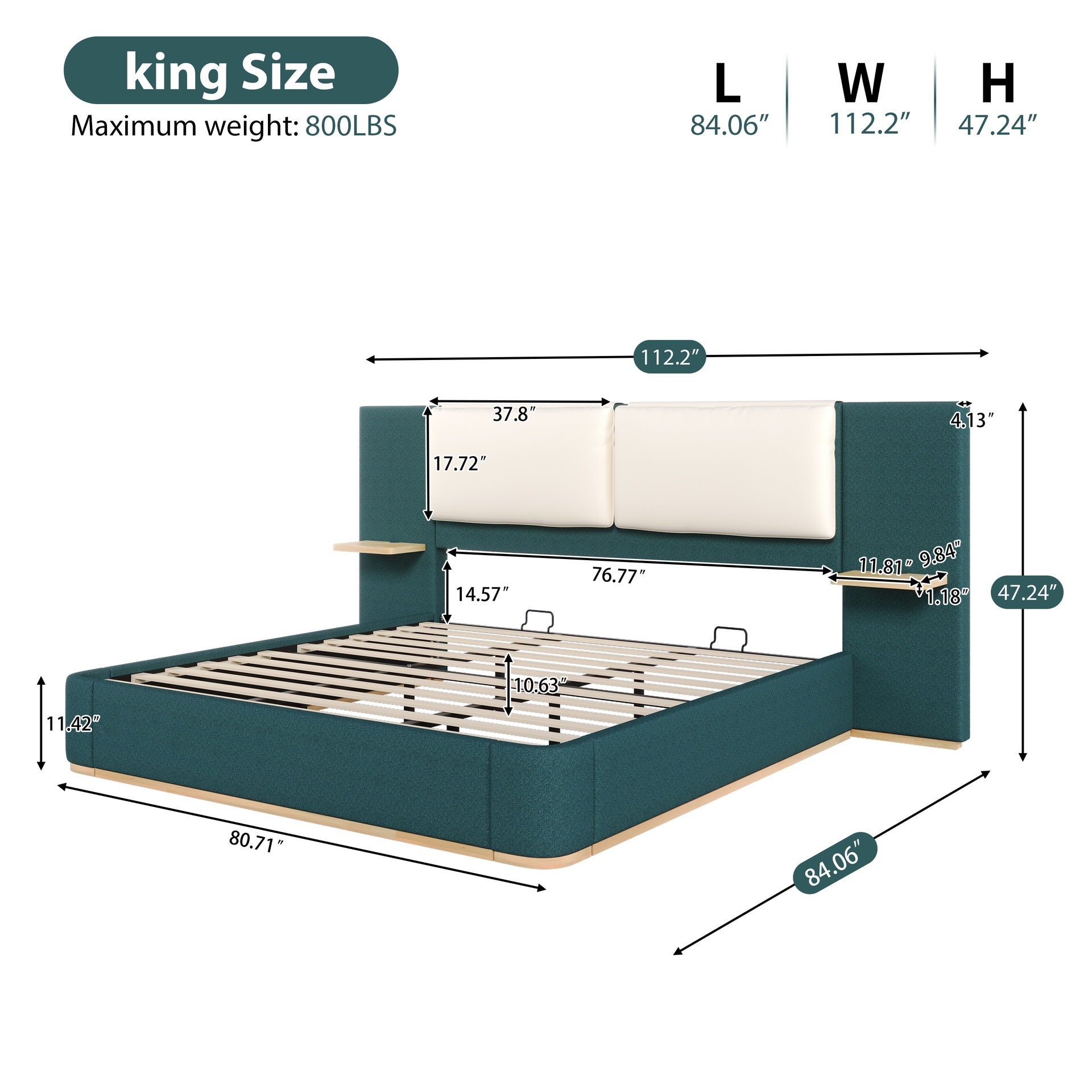 King Size Upholstered Platform Bed with Panel, Platform Bed Frame with Anti-Collision Soft Rounded Corners, Stable and Solid, No Box Spring Needed, Easy Assembly, Green