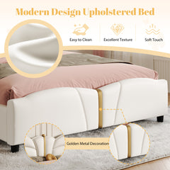 Queen Size Upholstered PU Leather Bed Frame, with Butterfly Shaped Headboard and Footboard, Platform Bed Frame with Gold Metal decorations, No Box Spring Needed, Beige