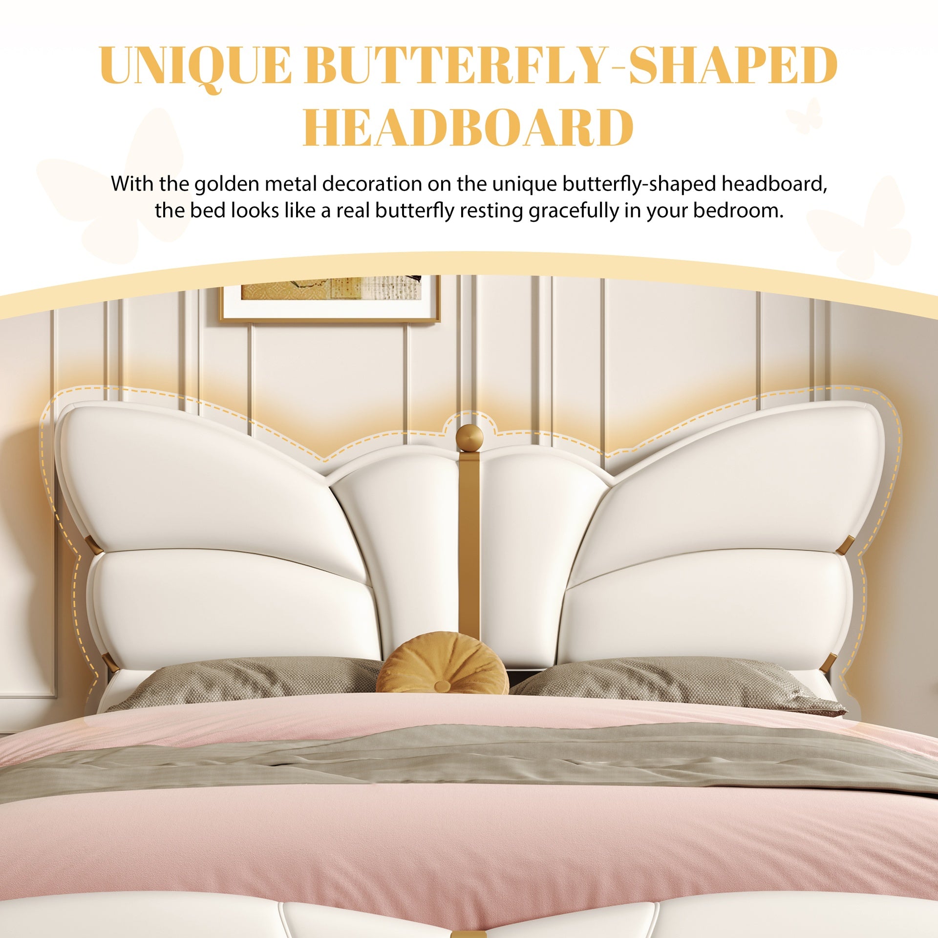 Queen Size Upholstered PU Leather Bed Frame, with Butterfly Shaped Headboard and Footboard, Platform Bed Frame with Gold Metal decorations, No Box Spring Needed, Beige