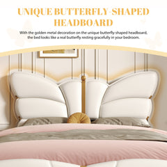 Queen Size Upholstered PU Leather Bed Frame, with Butterfly Shaped Headboard and Footboard, Platform Bed Frame with Gold Metal decorations, No Box Spring Needed, Beige