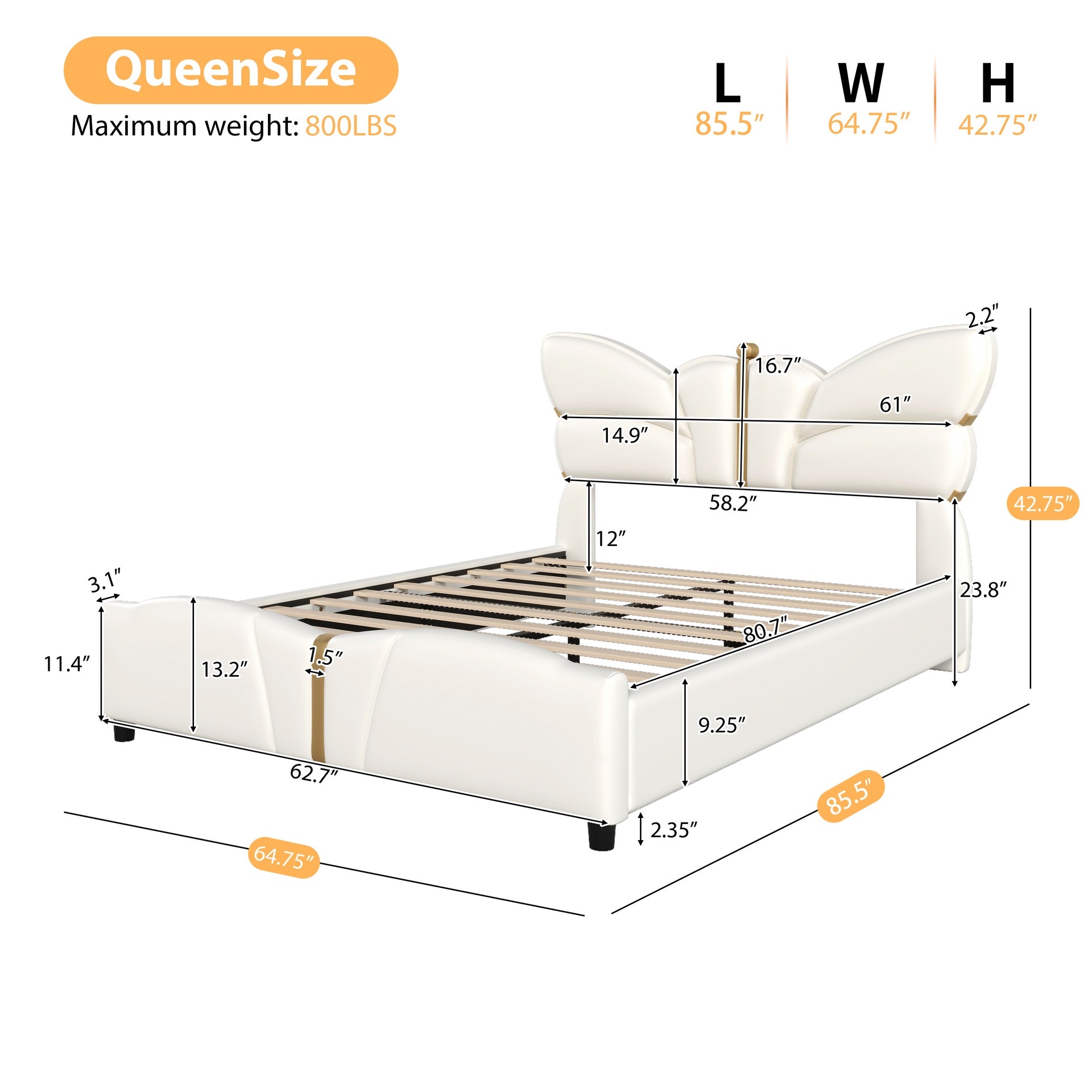 Queen Size Upholstered PU Leather Bed Frame, with Butterfly Shaped Headboard and Footboard, Platform Bed Frame with Gold Metal decorations, No Box Spring Needed, Beige