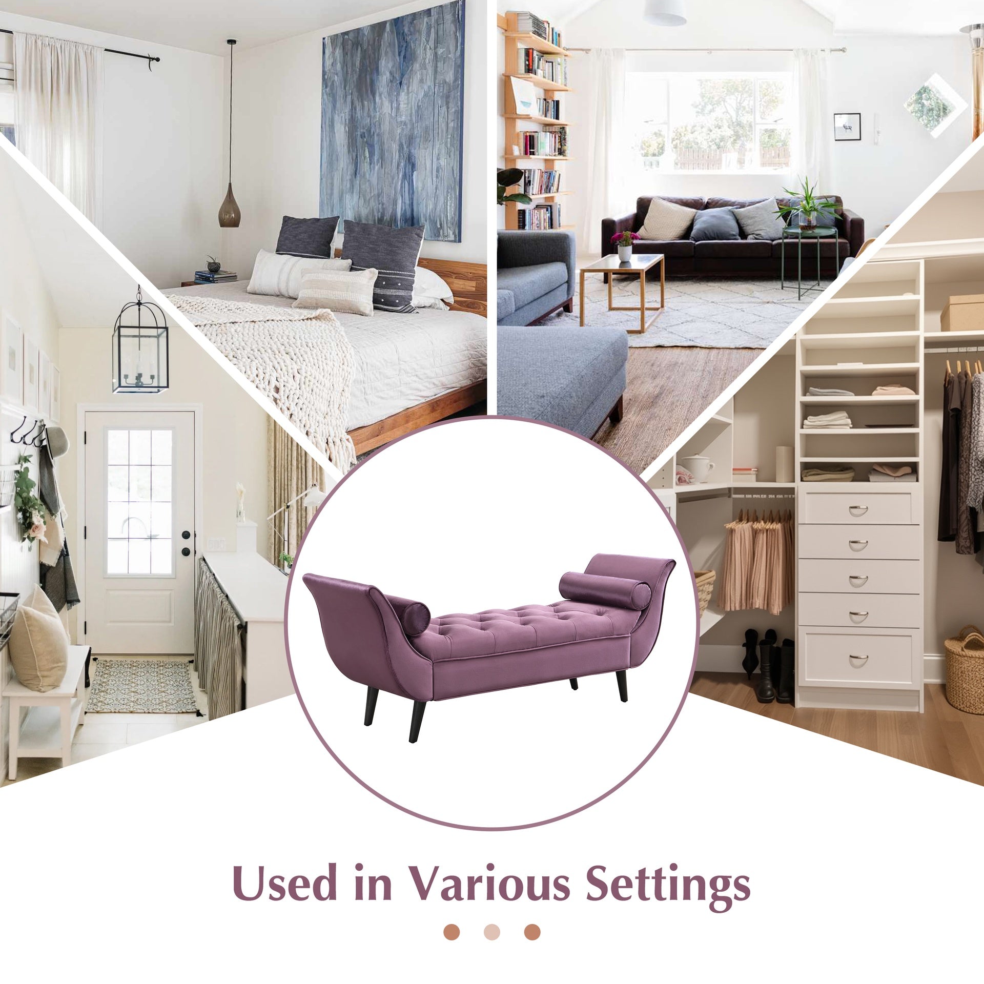 Upholstered Velvet Bench, End of Bed Bench with 2 Pillows, Upholstered Button Tufted Ottoman,Footstool with Rolled Arms, Foot Rest with Solid Wood Legs, for Entryway, Living Room ,Dining Room,Purple