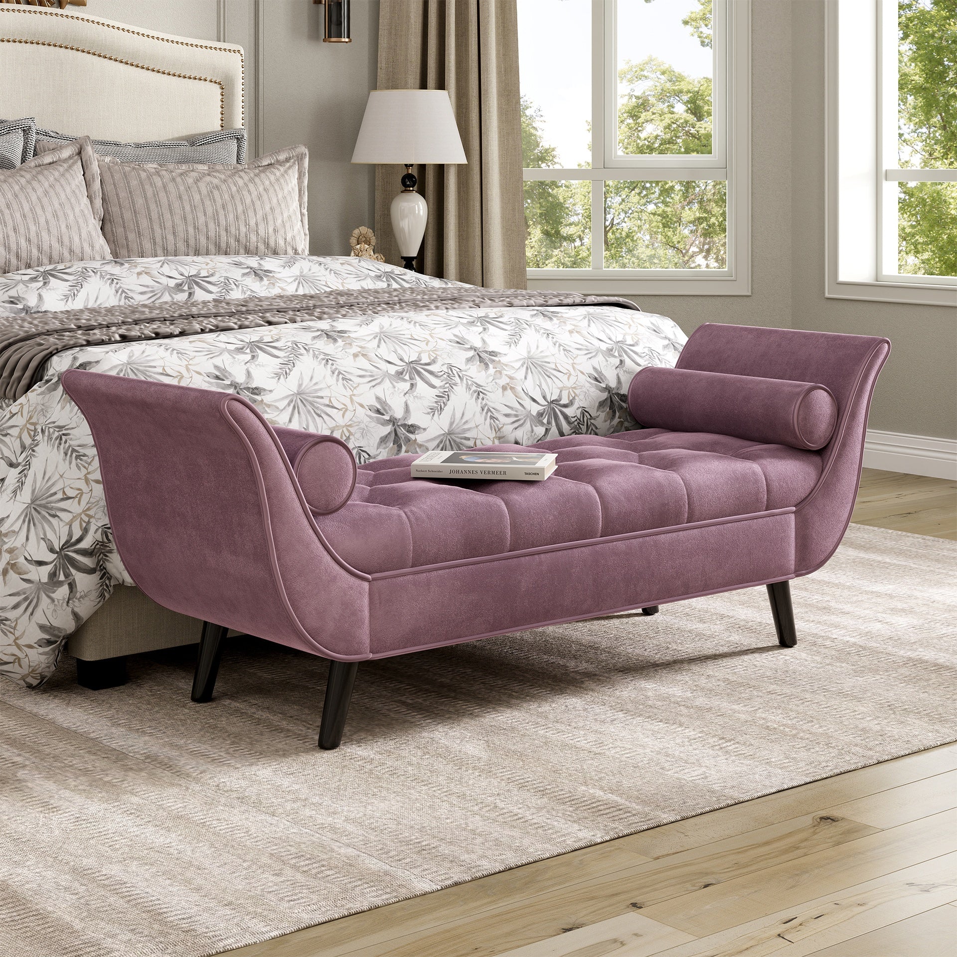 Upholstered Velvet Bench, End of Bed Bench with 2 Pillows, Upholstered Button Tufted Ottoman,Footstool with Rolled Arms, Foot Rest with Solid Wood Legs, for Entryway, Living Room ,Dining Room,Purple