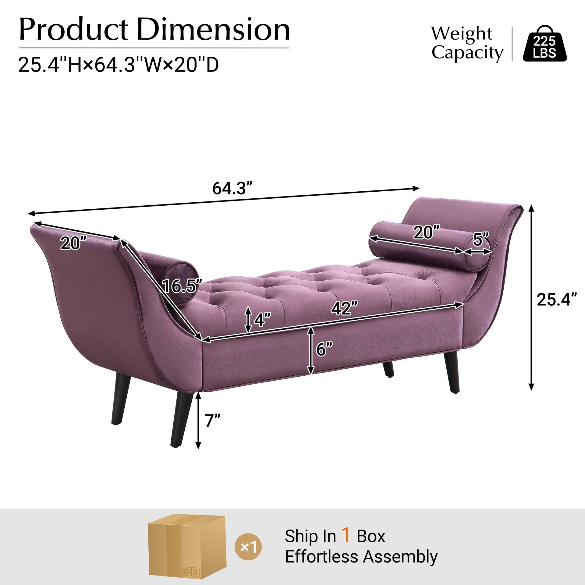 Upholstered Velvet Bench, End of Bed Bench with 2 Pillows, Upholstered Button Tufted Ottoman,Footstool with Rolled Arms, Foot Rest with Solid Wood Legs, for Entryway, Living Room ,Dining Room,Purple