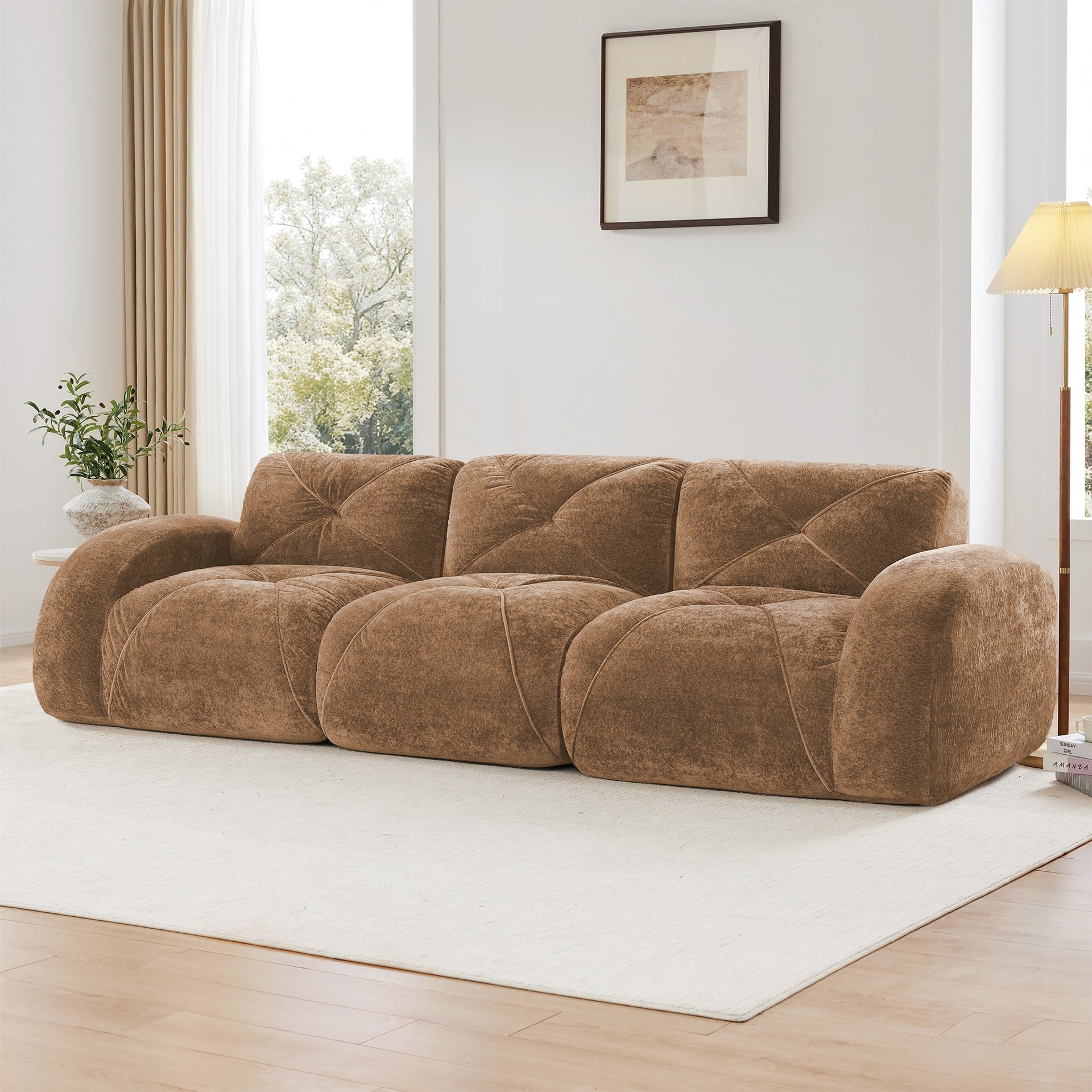 110''Boneless Sofa With Tufted,Soft Velvet  Fabric,Modular Sectional Sofa Couches,32D High Density Sponge,Anti-Slip Design,Ergonomic Design Bottom,No Assembly Required,For Study,Home Theater,Camel