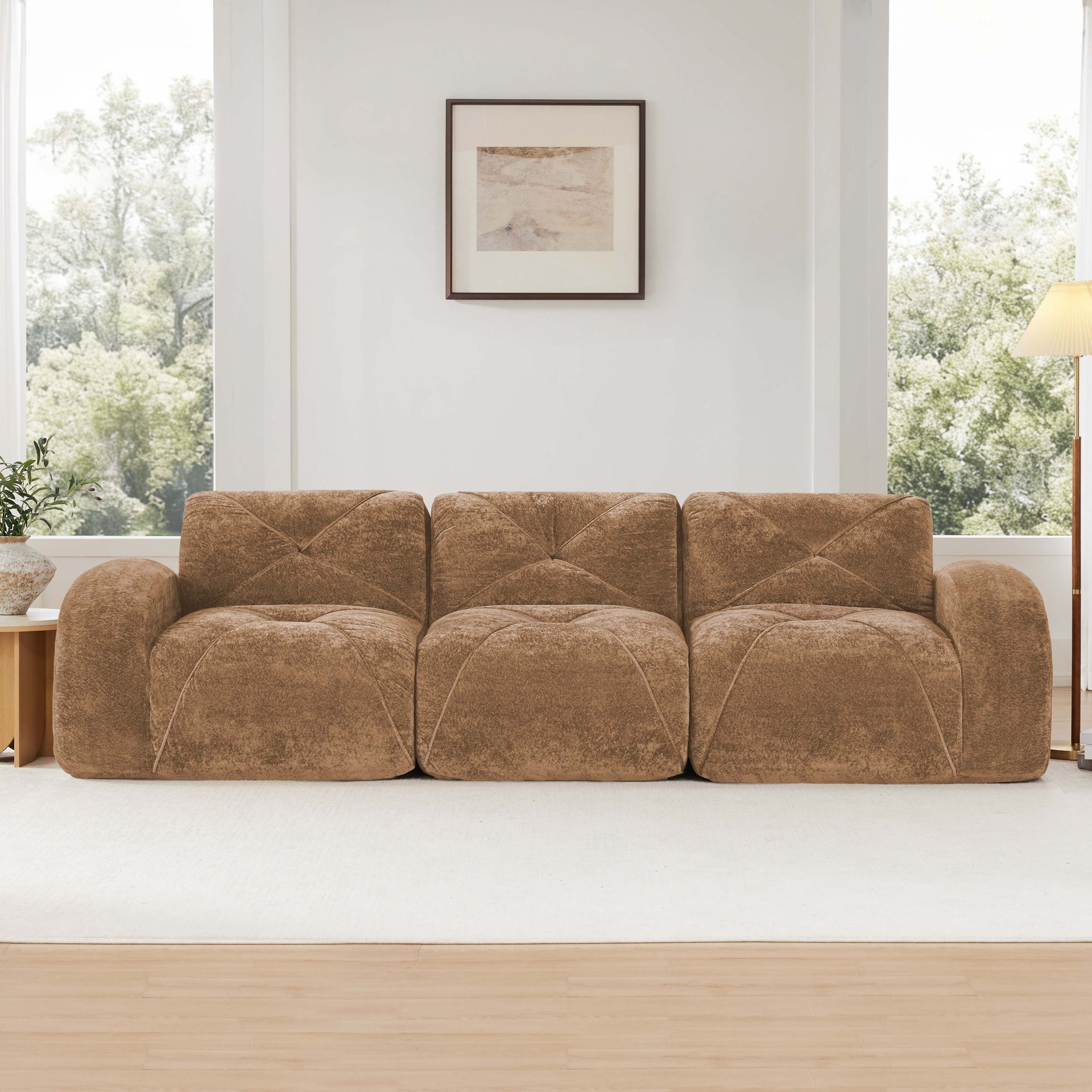110''Boneless Sofa With Tufted,Soft Velvet  Fabric,Modular Sectional Sofa Couches,32D High Density Sponge,Anti-Slip Design,Ergonomic Design Bottom,No Assembly Required,For Study,Home Theater,Camel