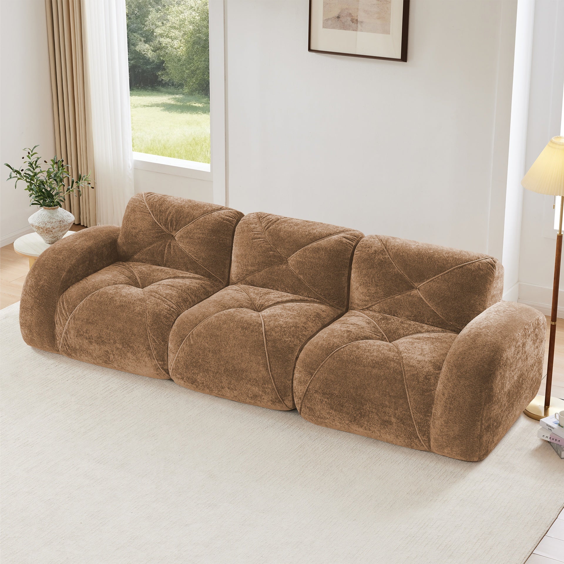 110''Boneless Sofa With Tufted,Soft Velvet  Fabric,Modular Sectional Sofa Couches,32D High Density Sponge,Anti-Slip Design,Ergonomic Design Bottom,No Assembly Required,For Study,Home Theater,Camel
