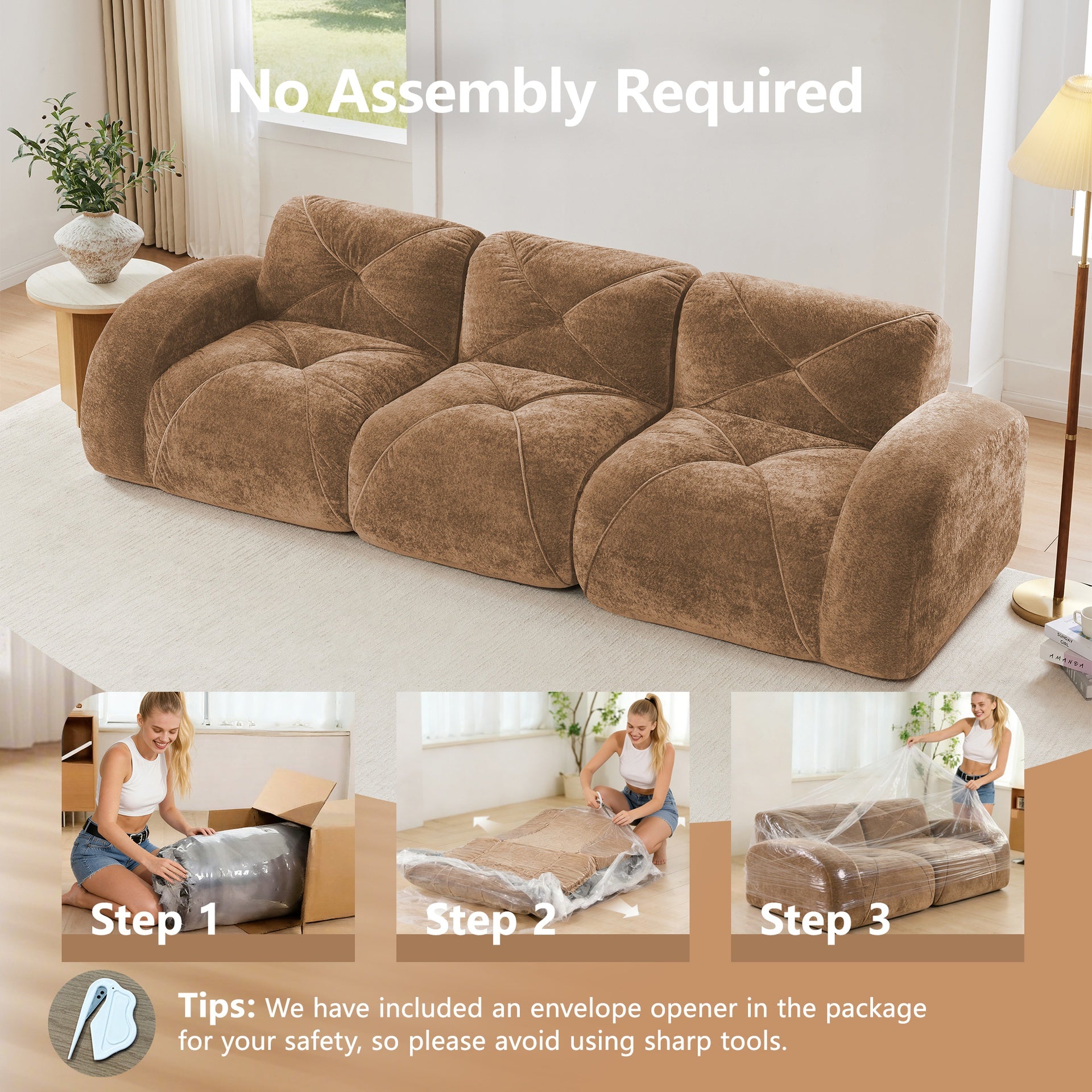 110''Boneless Sofa With Tufted,Soft Velvet  Fabric,Modular Sectional Sofa Couches,32D High Density Sponge,Anti-Slip Design,Ergonomic Design Bottom,No Assembly Required,For Study,Home Theater,Camel