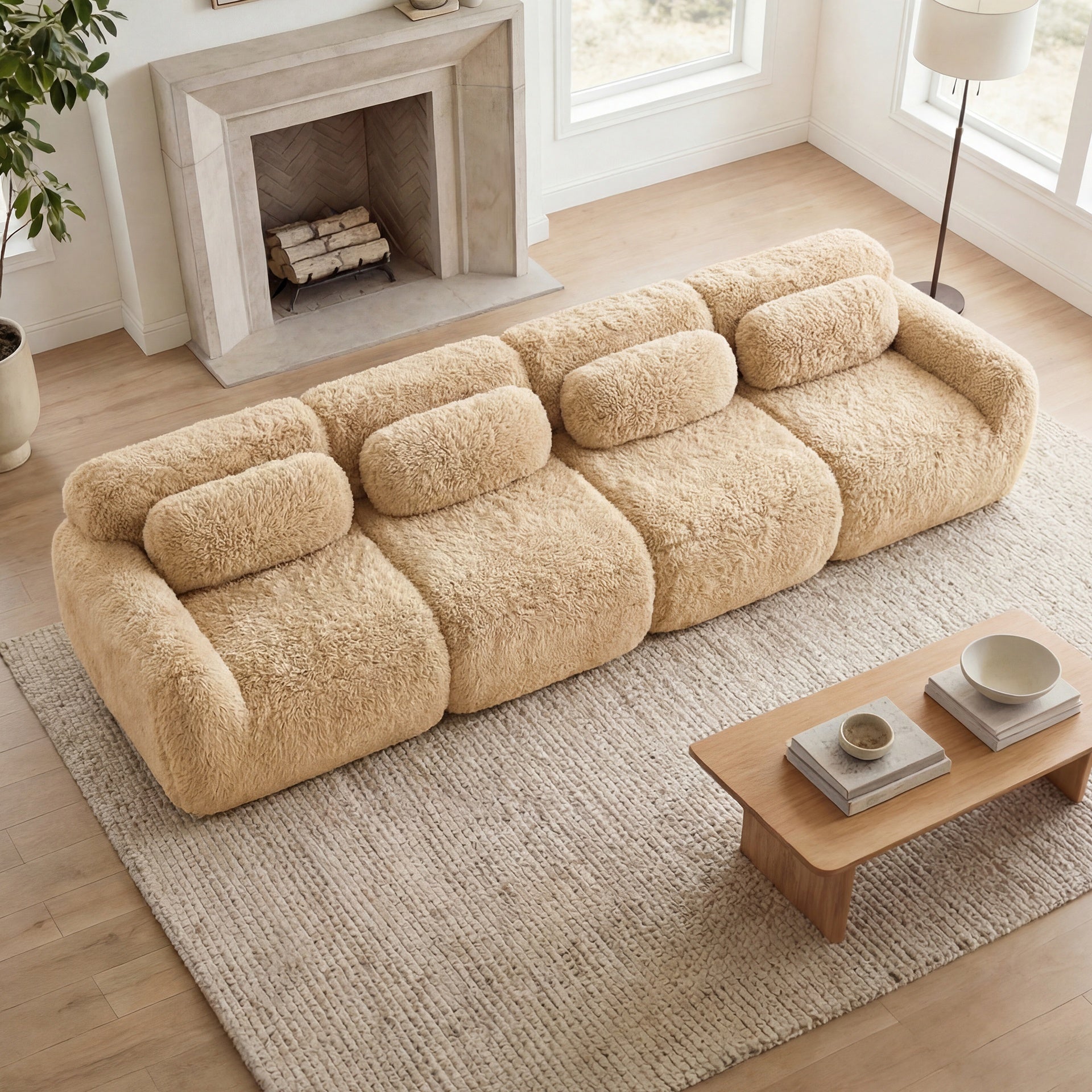 149'' Soft And Fluffy Plush Fabric,Boneless Sofa,32D High Density Sponge Ergonomic Design,Full-compression Vacuum Packaging,Free Combination Buckle Connection For Bedroom,Home Theater,Light Khaki