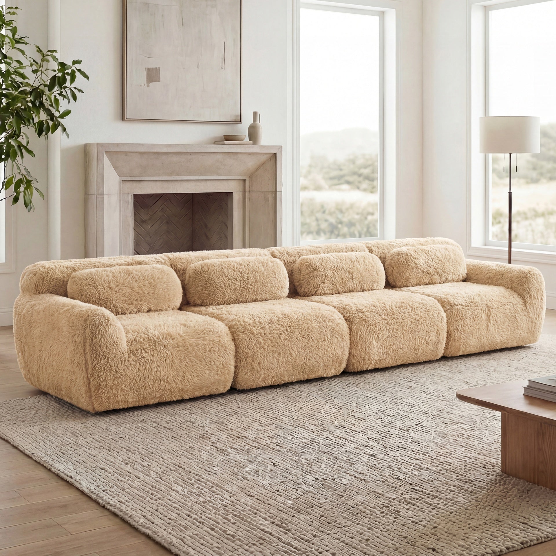 149'' Soft And Fluffy Plush Fabric,Boneless Sofa,32D High Density Sponge Ergonomic Design,Full-compression Vacuum Packaging,Free Combination Buckle Connection For Bedroom,Home Theater,Light Khaki