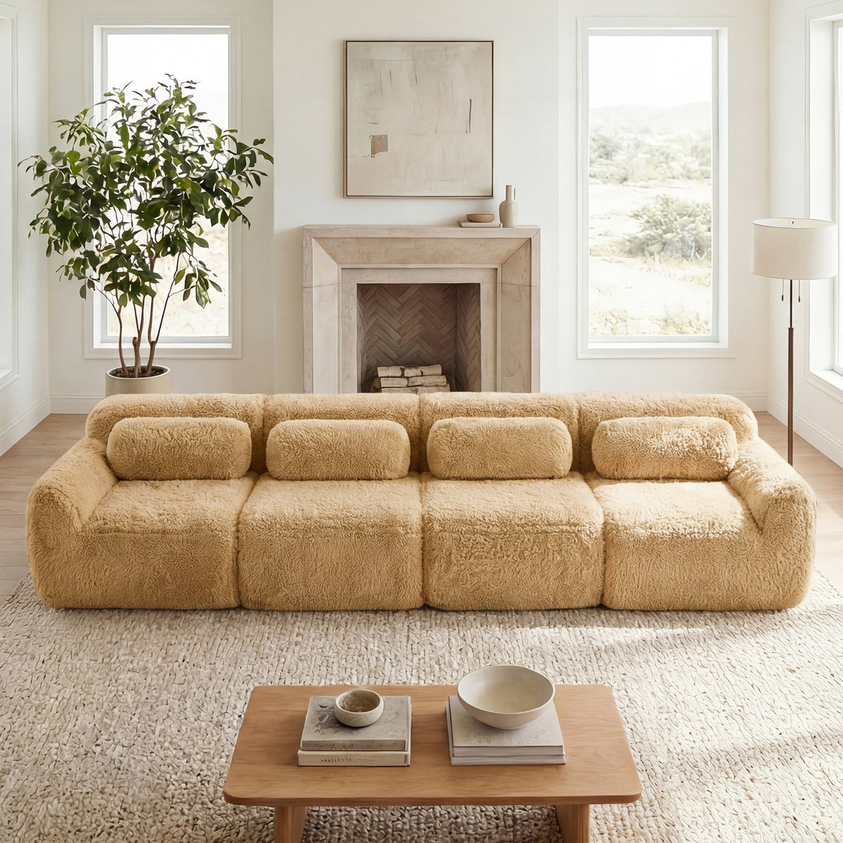 149'' Soft And Fluffy Plush Fabric,Boneless Sofa,32D High Density Sponge Ergonomic Design,Full-compression Vacuum Packaging,Free Combination Buckle Connection For Bedroom,Home Theater,Light Khaki